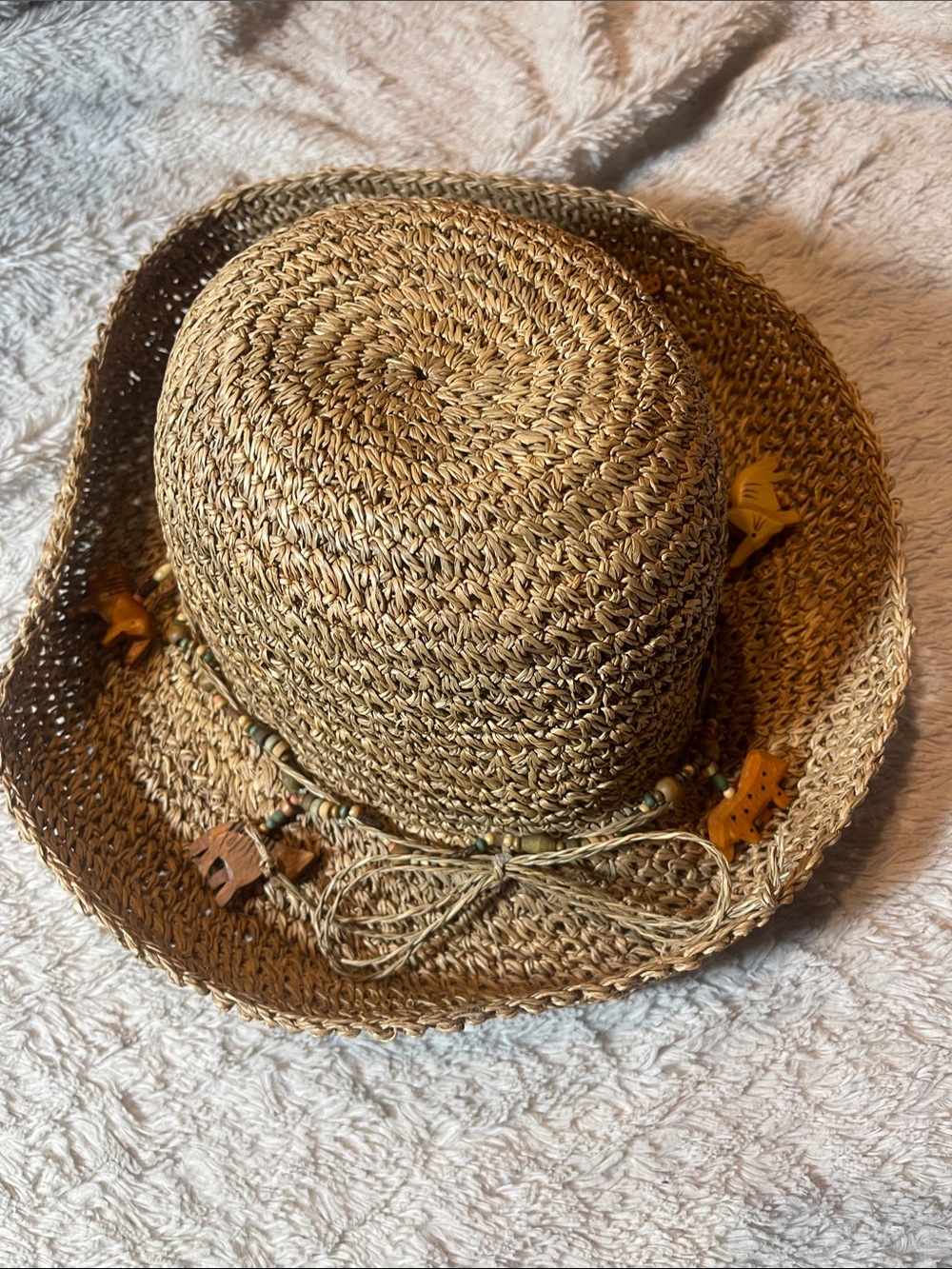 Woven Straw Sun Hat with Bead & Animal Charm Trim - Natural